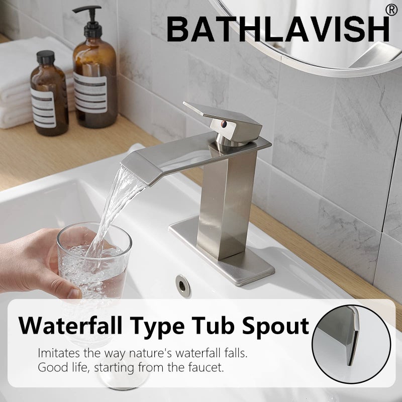 BATHLAVISH Waterfall Bathroom Sink Faucet, Brushed Nickel Single Hole Bathroom Faucet, Single Handle Modern Lavatory Vanity RV with Pop Up Drain with Overflow - Image 2